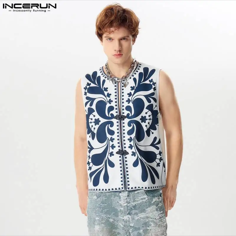 INCERUN Tops 2024 Stylish Personality Men\'s Buckle Design Shirts Streetwear Male Floral Pattern Sleeveless Cardigan Blouse S-5XL