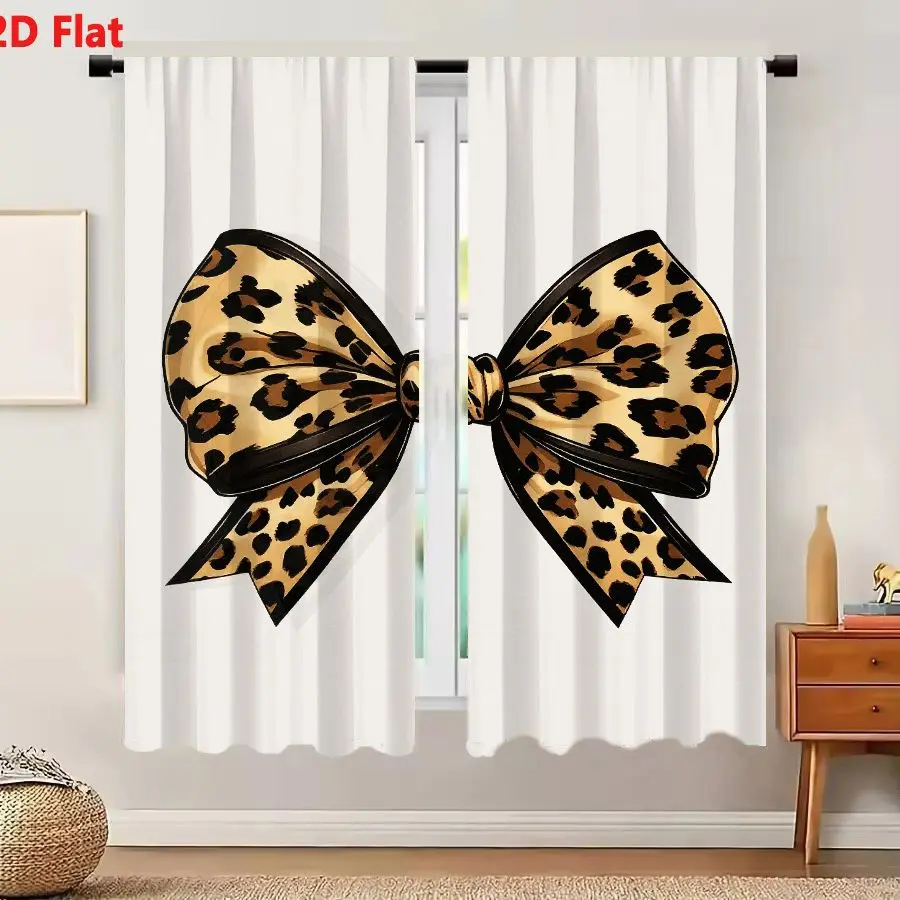 2Pcs Curtains 2D Flat Leopard Print Bow Decorative Accessory Light Beige Base With Black Spots And Solid Black Border Outlined R