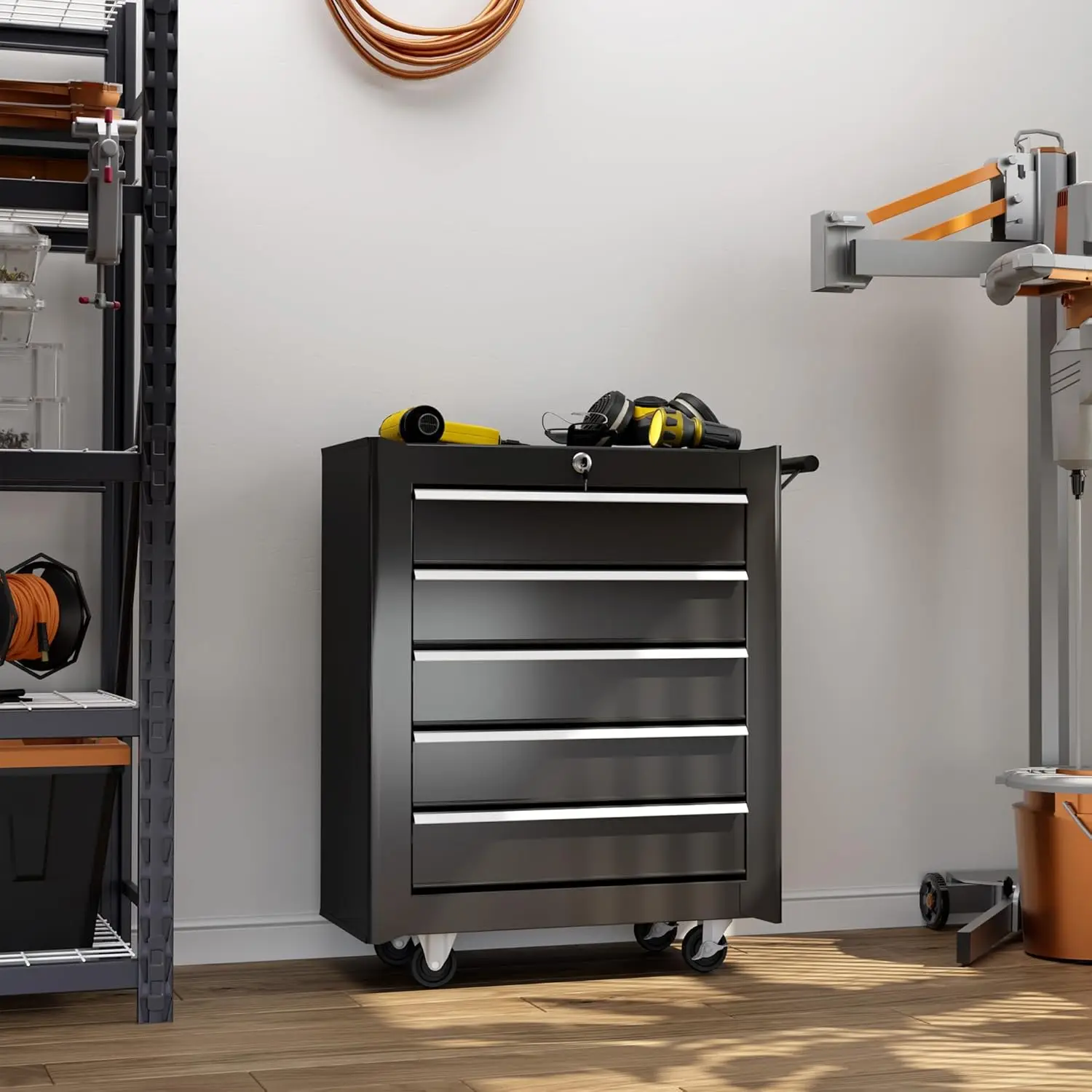 #￥forModern Steel 5-Drawer Lockable Tool Storage Cabinet with Wheeled Side Handle and Large Load Capacity
