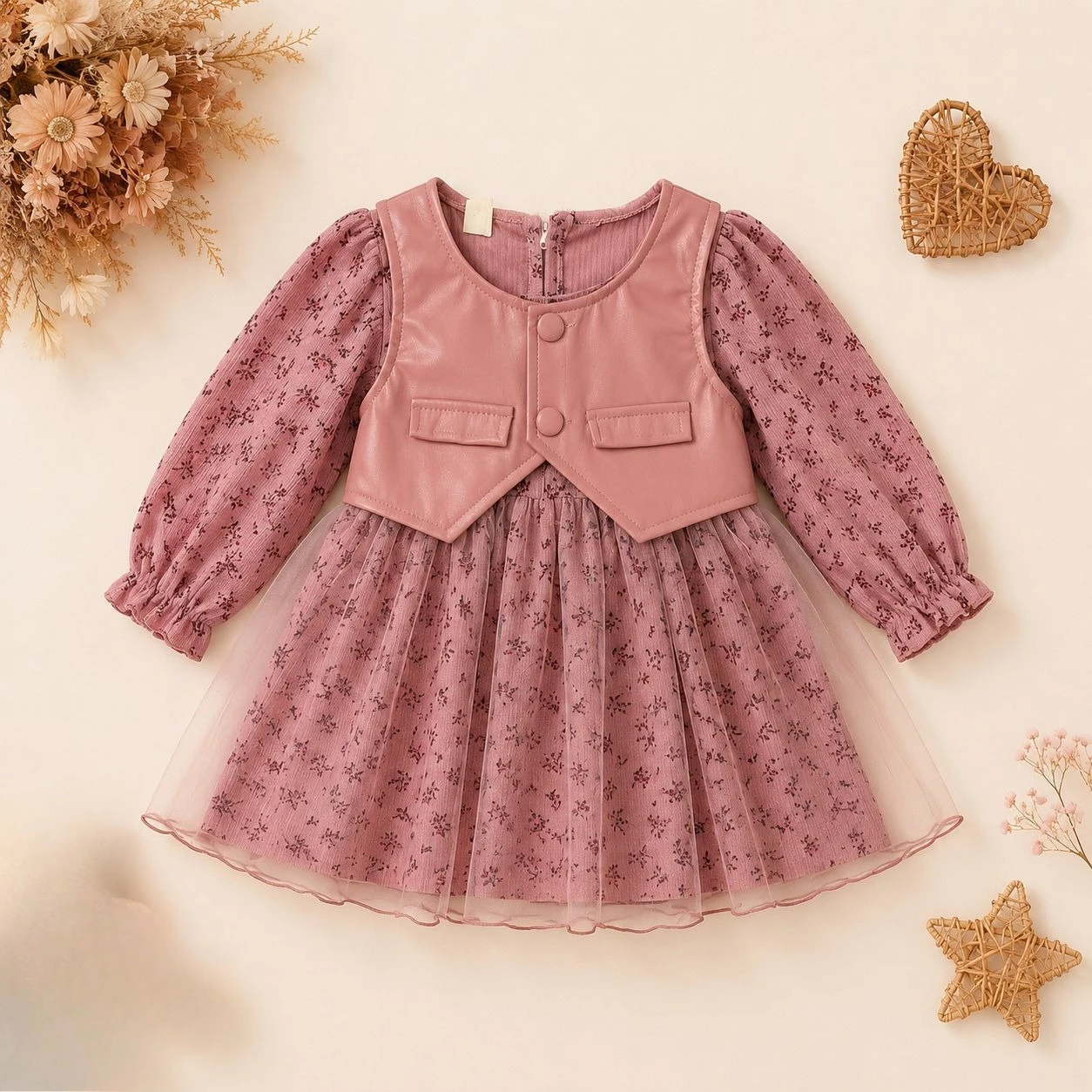 New Spring Fall Set Fashion Beautiful Kids Influencer Middle Kids Two Piece Set Leather Mesh Dress Stylish