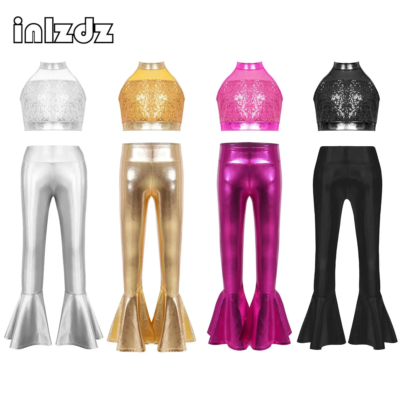 

Детский комплект для джазовых танцев с пайетками для девочек: топ без рукавов + металлические брюки-клеш для чачи, самбы, румбы