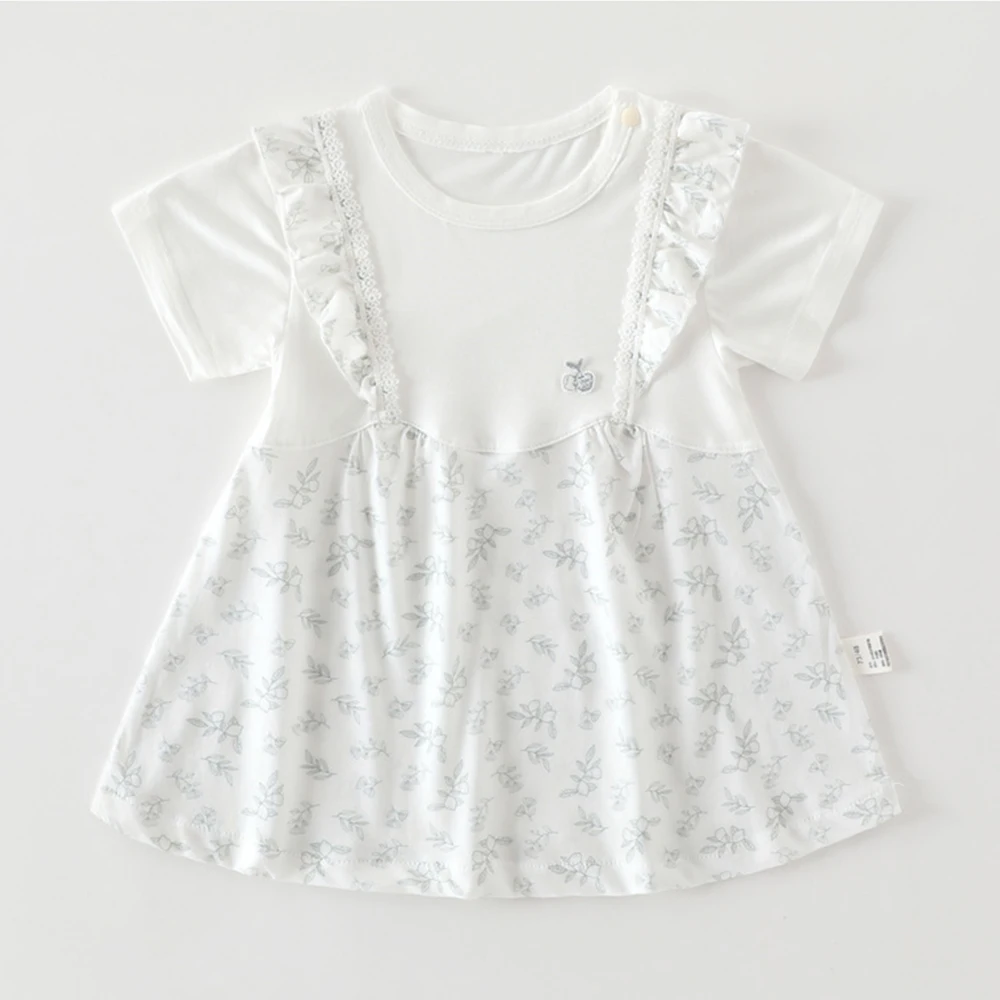 Baby Girls Short Sleeve Printed Floral Princess Dresses Summer Newest Fake Shoulder Strap Skirt
