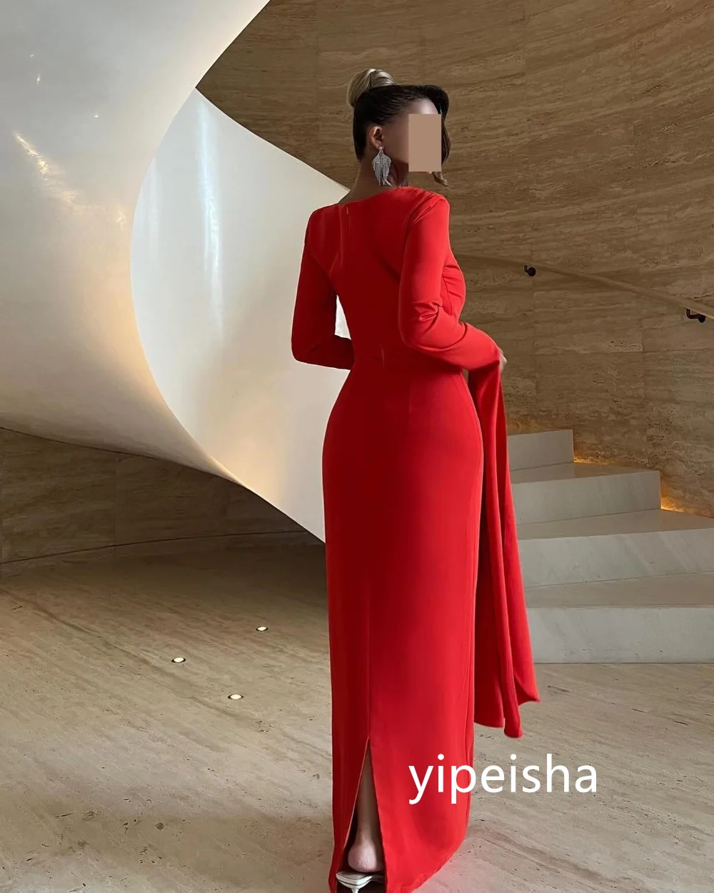 Customized Exquisite Jersey Pleat Mermaid O-Neck Midi Dresses Prom Dresses Modern Style Pastrol Unisex Chinese Style Formal Casu