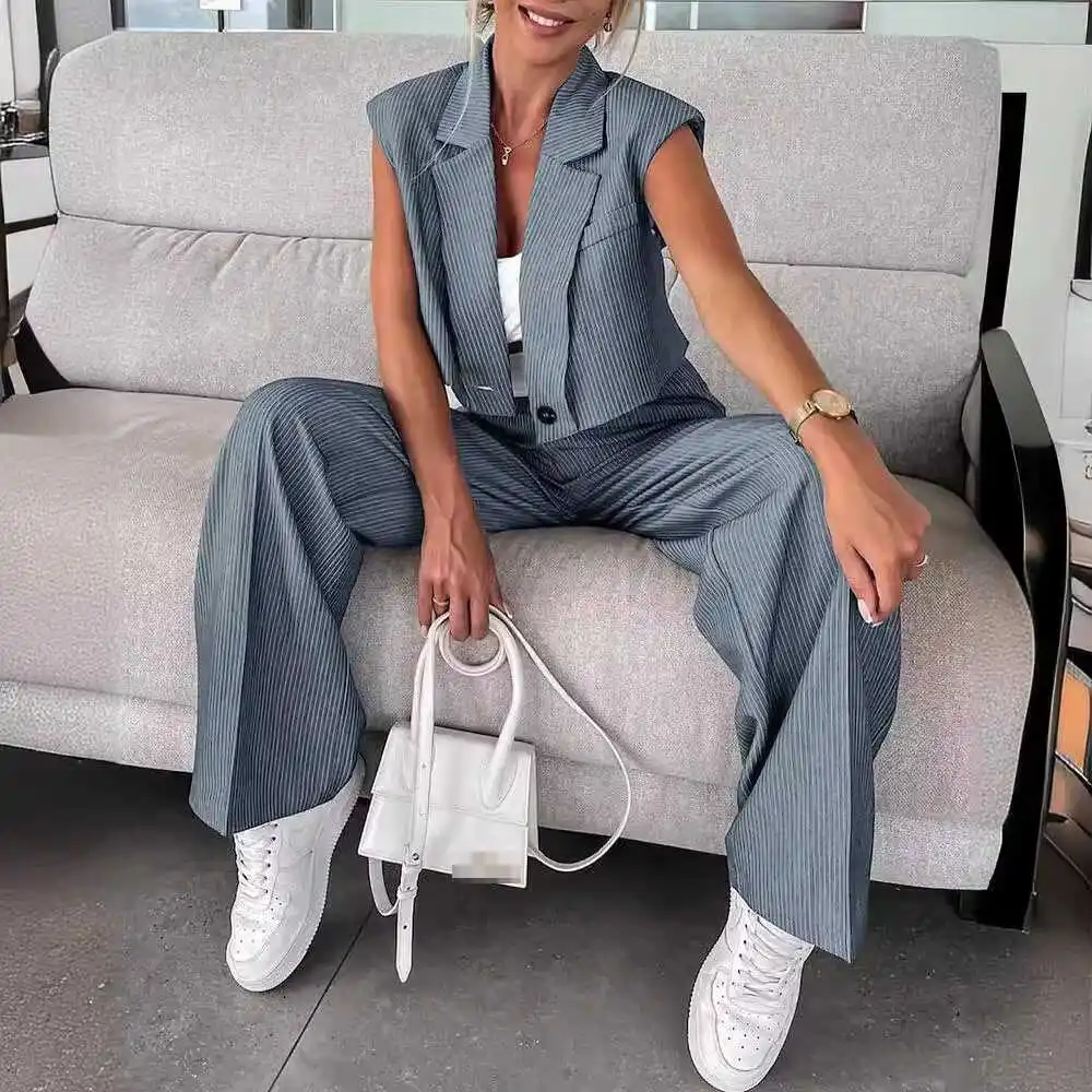 

Striped ort Lapel Suit Leg Pants Set Women's Faion Ensemble Straight Leg Trousers Polyester Material Summer Collection