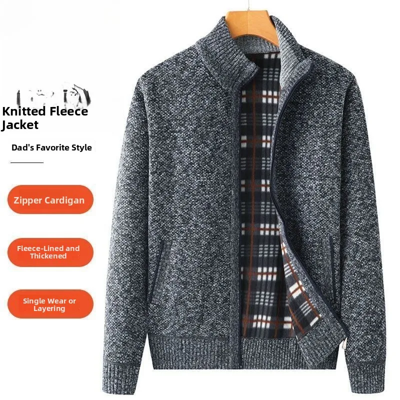 Thiened Fce Men's Sweater Coat Dad Winter Warm Top Middle-aged And ly Men's Sweater Outerwear Long Sve Stand Collar