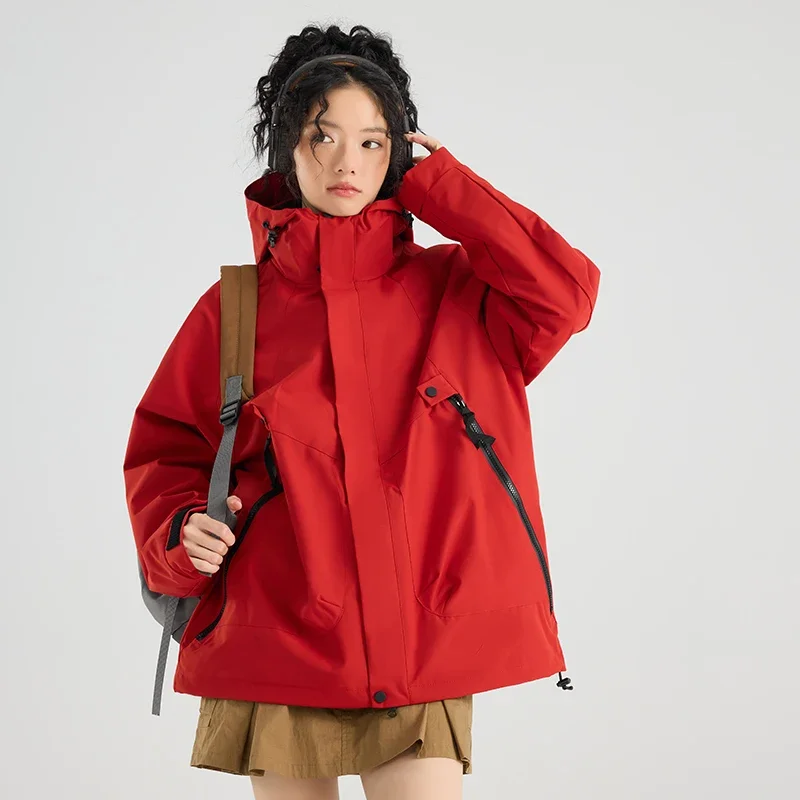 

Streetwear Women Autumn Loose Waterproof Jacket Casual Climbing Hiking Hooded Windbreaker Jacket Camping Outdoor Unisex Coats