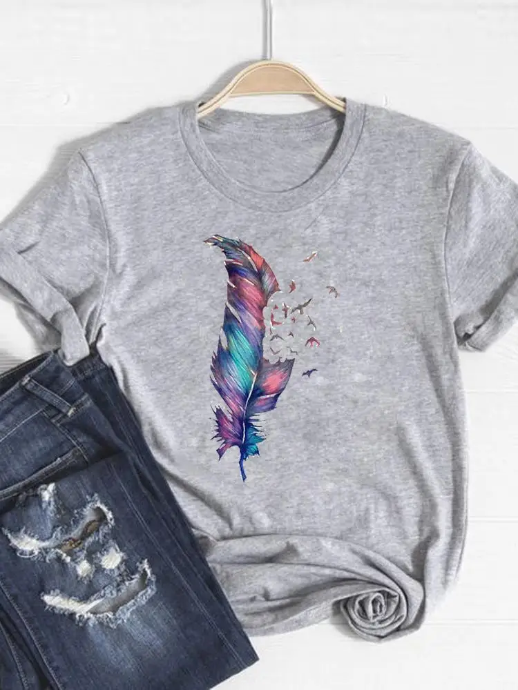 Feather Watercolor Lovely Print T Shirt Short Sleeve Summer Top Fashion Clothes Women Clothing Gray Basic Tee Graphic T-shirt