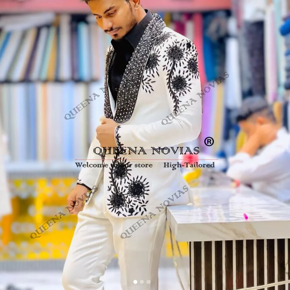 Luxe Kralen Steentjes Pakken Mannen Slim Fit Jas Broek 2 Stuk Sets Bruidegom Formele Feestjurken Man Bruiloft Tuxedo prom Blazer