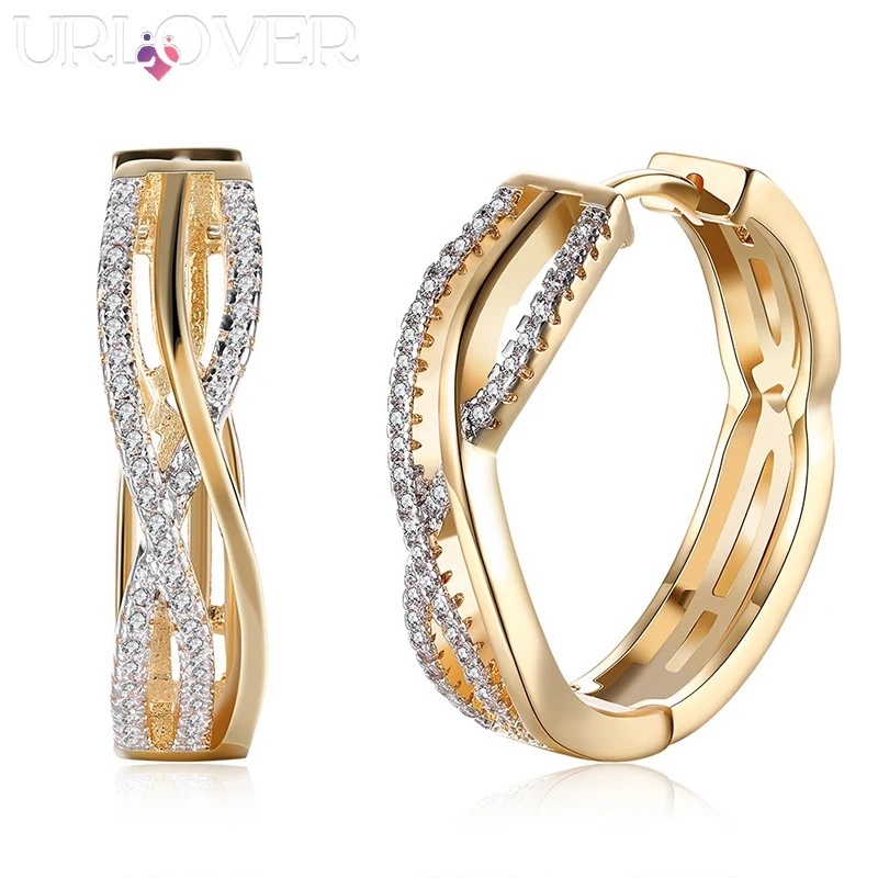 URLOVER 925 Sterling Silver Earring For Woman Geometry AAA Zircon Gold Clip Earrings Fashion Party Wedding Jewelry Birthday Gift