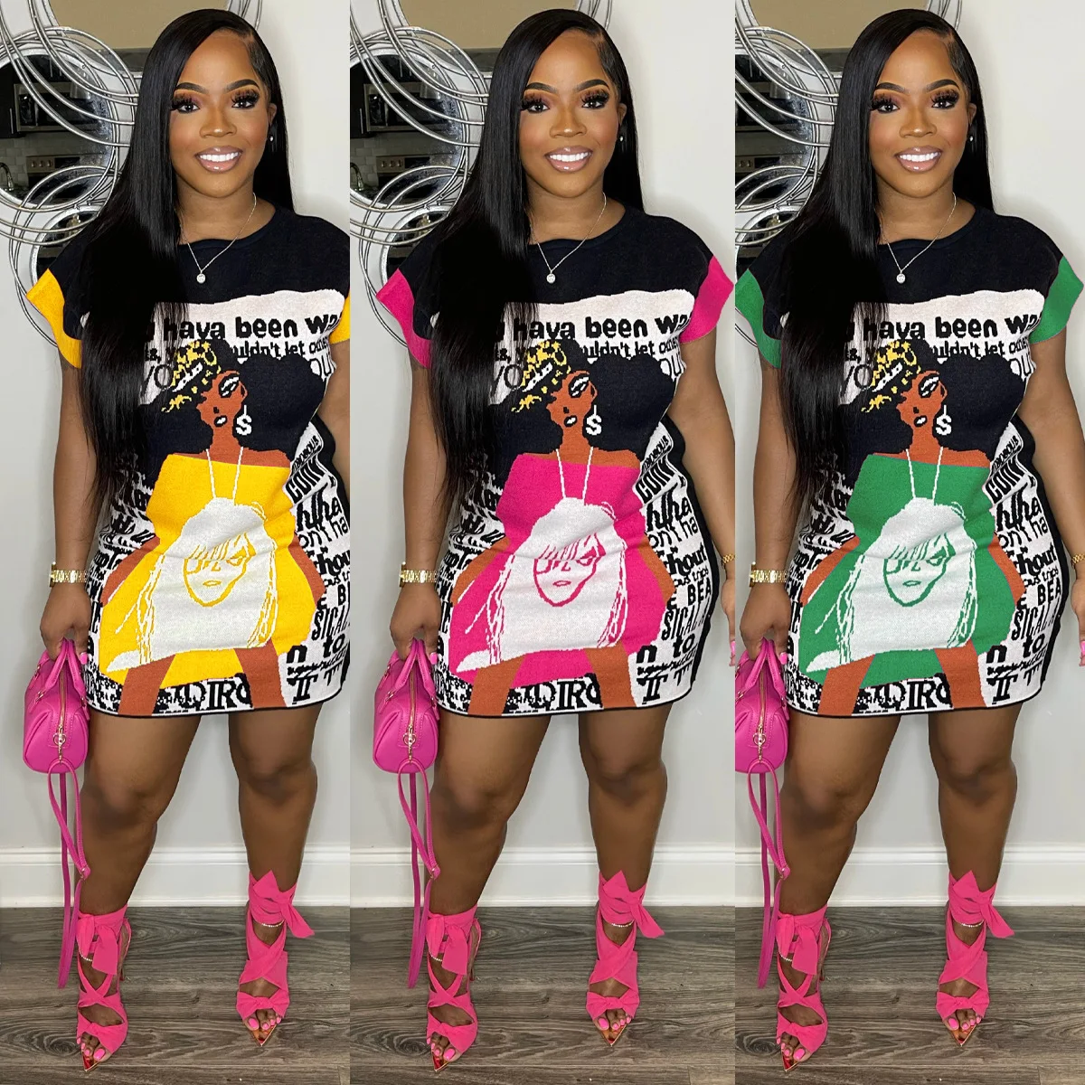 Europese Amerikaanse retro contrasterende kleur stiksels graffiti letters T-shirt met korte mouwen rok herfst nieuwe losse halflange t