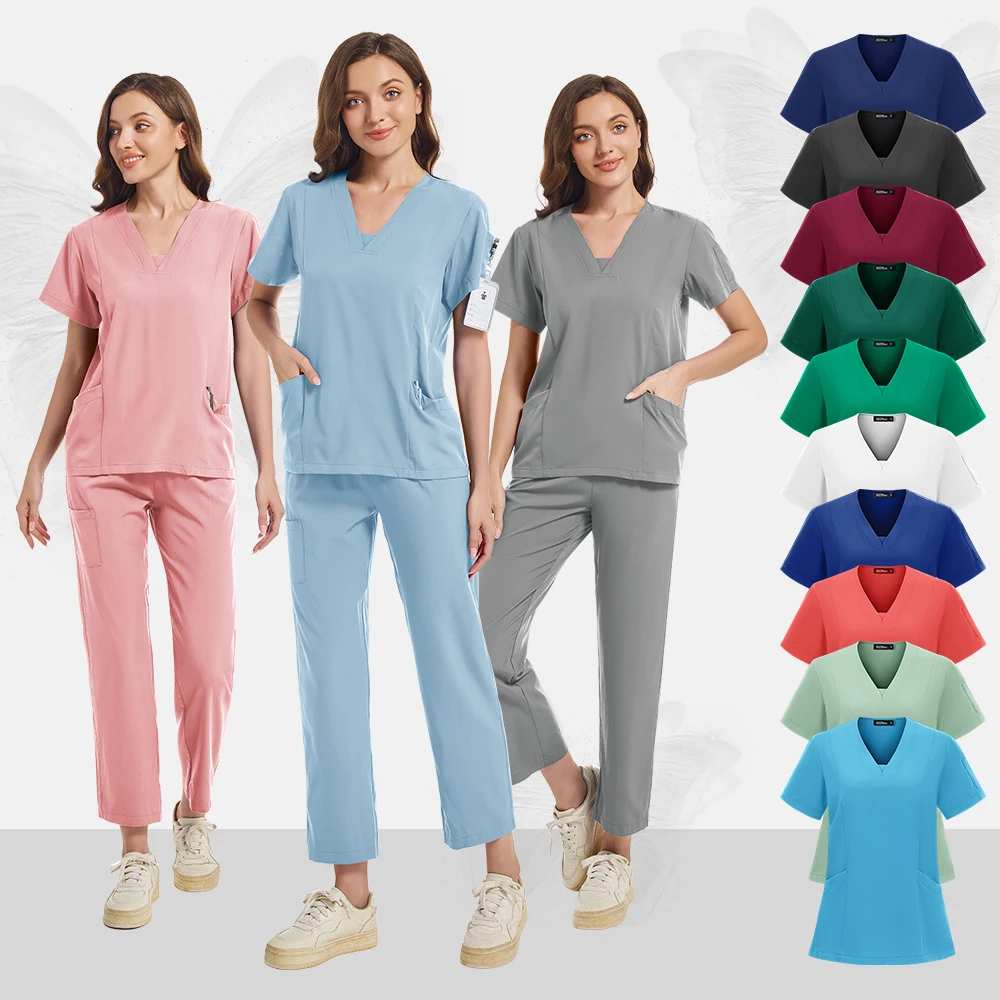 Heiße Verkäufe Frauen Krankenschwester Uniform Schnell Trocknend Stoff Einfarbig Kurzarm Hosen Anzug Pflege Arbeit Kleidung Zubehör