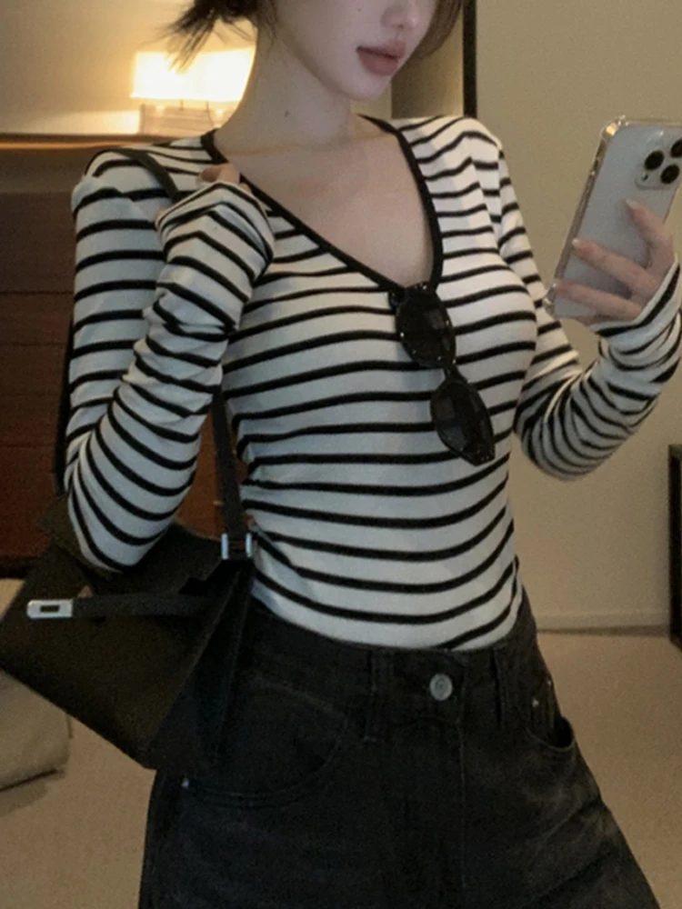 Clássico bla listras brancas longo sve camiseta feminina v-ne fino ajuste camada base superior coreano sle commute faion