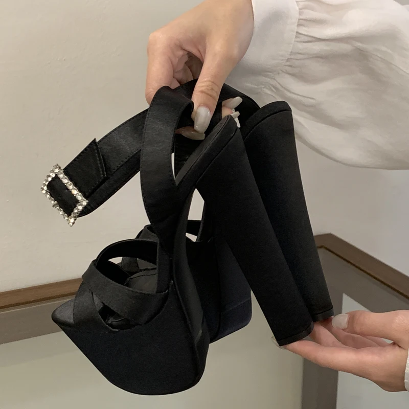 Eilyken New Summer Solid Platform Square High Heels Women Sandals Fashion Crystal Buckle Strap Open Toe Party Shoes view 5