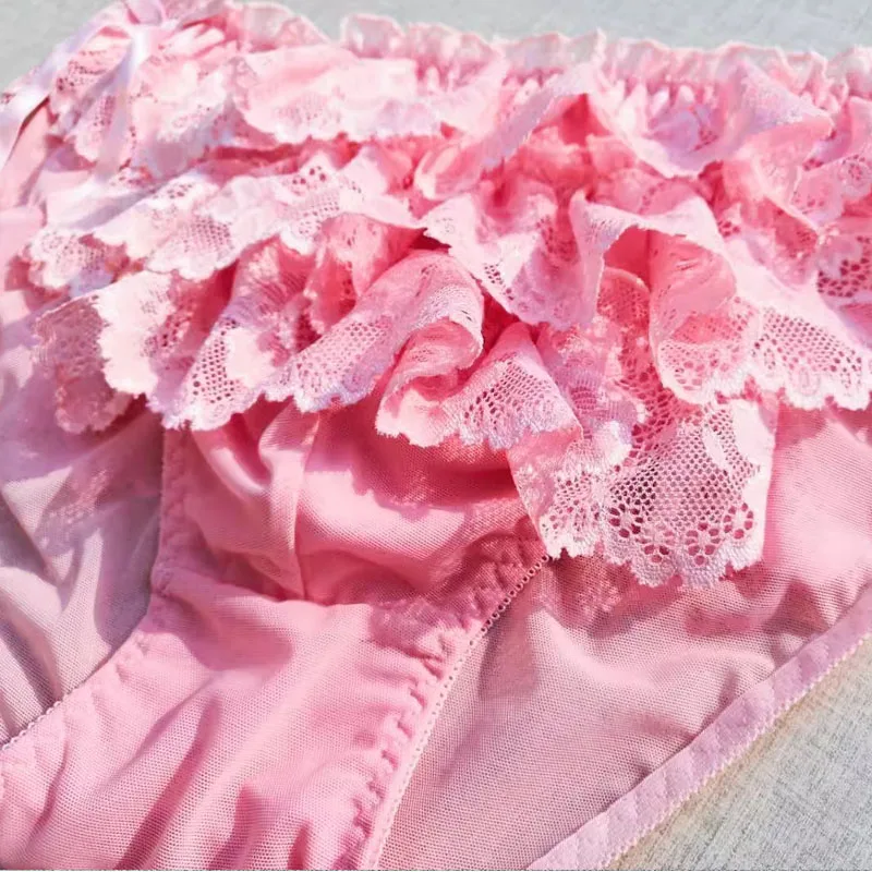 

Мужские розовые кружевные трусики с бантом в стиле Лолиты, прозрачные сетчатые трусики с рюшами, нижнее белье для трансвеститов, CD, трусики для косплея