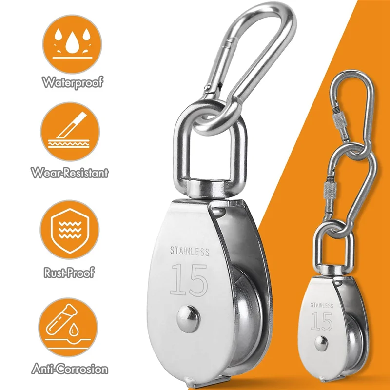 A23E-roestvrijstalen katrolsysteemset-zwaar uitgevoerd katrolwiel, katrolblok met nylon touw 4MM, haken, plaat (2-pack)