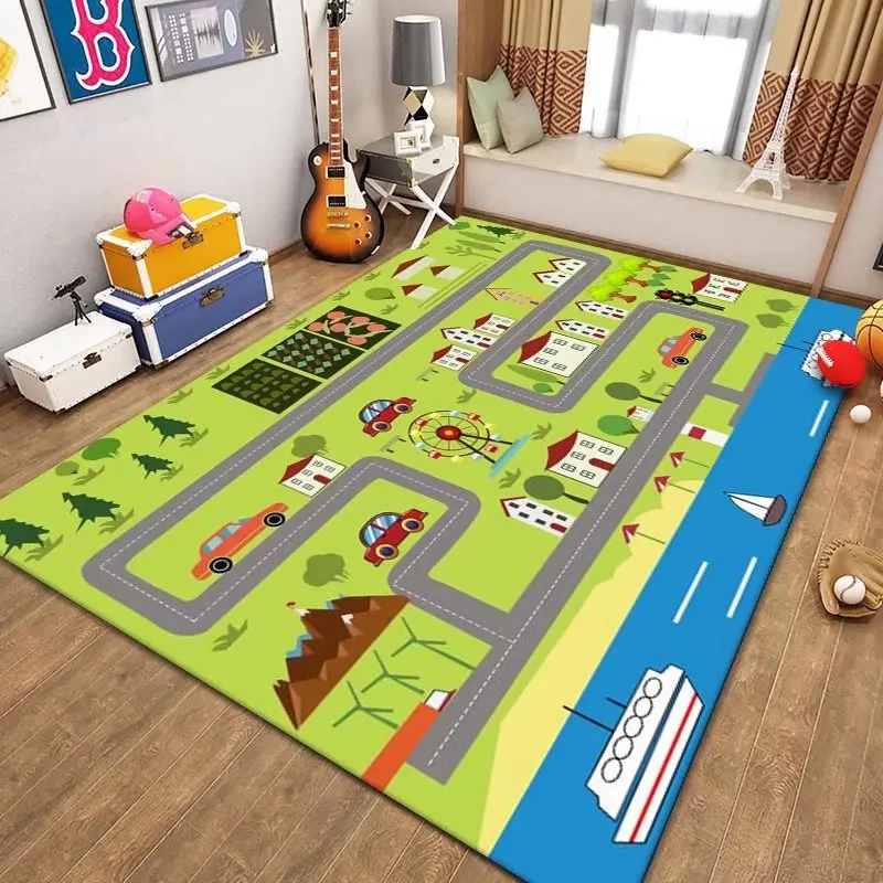 Alfombra de carretera educativa de tráfico para niños, decoración para sala de estar, juego para niños, alfombrilla antideslizante para gatear,