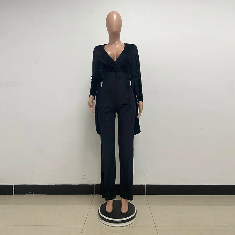 

Faionable Long Sve Women's Jumpsuit with Deep V Waist Belt Cross-Border Ele Polyester Pantsuit Autumn Seasonal Wear