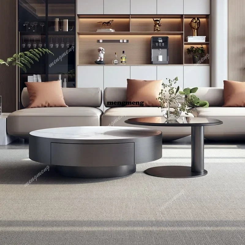

F182 Light luxury living room coffee table storage box Modern small apartment stainless steel round rock plate coffee table