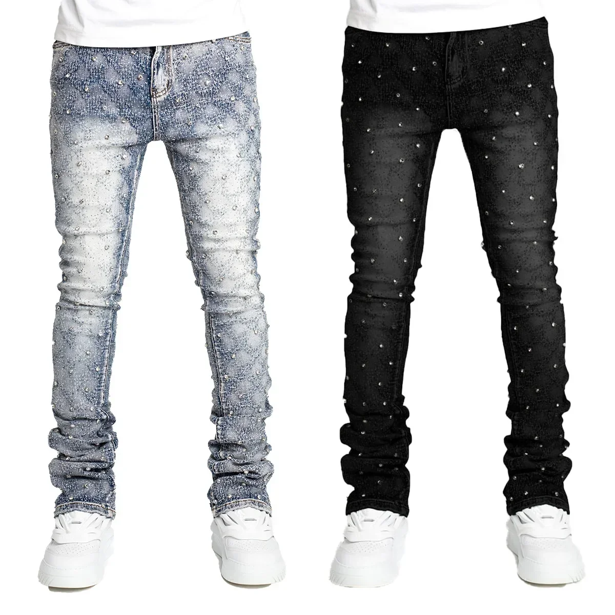 

Men Jeans Denim Pants Long Pant Pearl Straight Trousers Button Zipper Splice High Waist Casual Regular Slim Fit Autumn