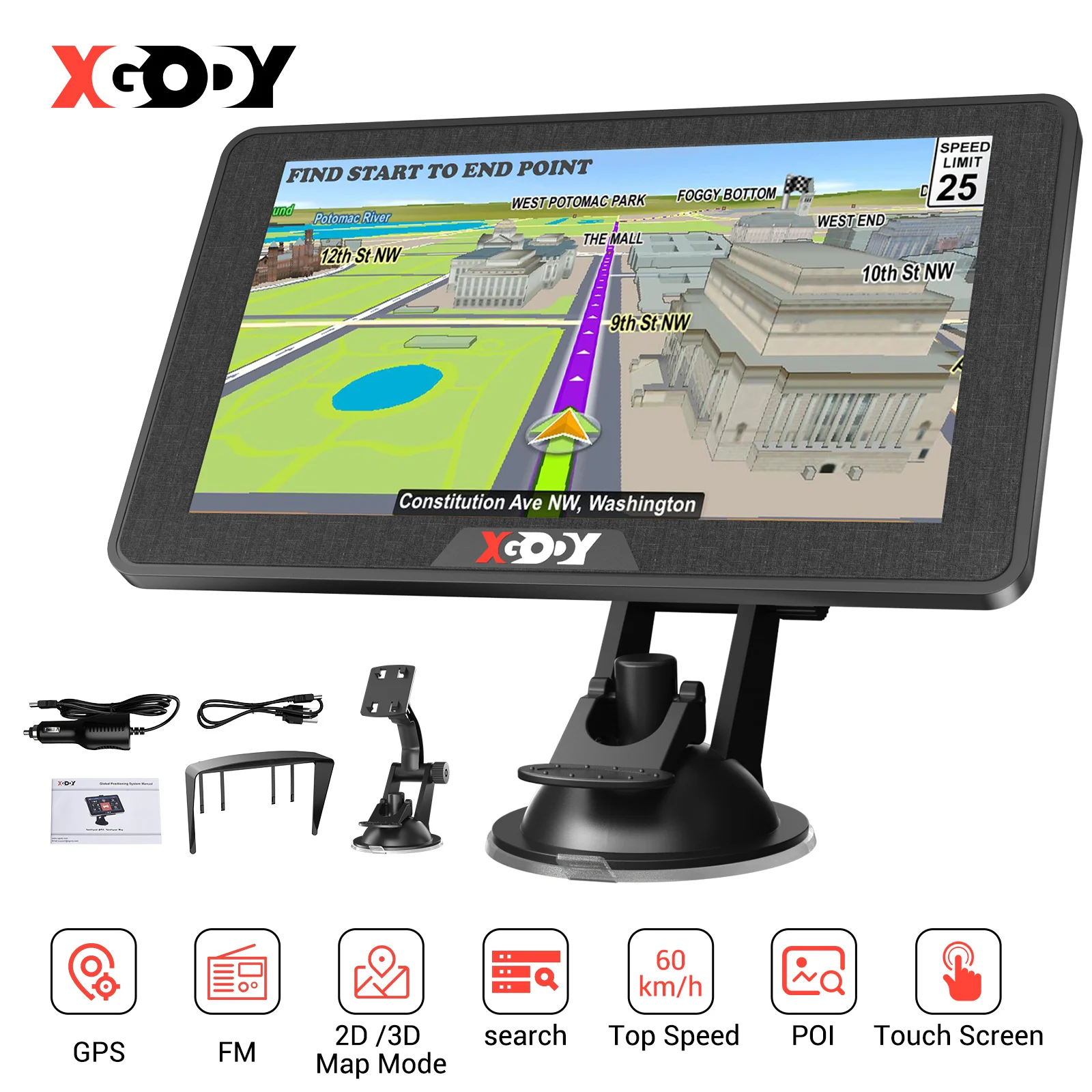 XGODY 7'' inch 16G car navigation UK/EU MAP TouchScreen for trucks, cars, buses, GPS navigation POI