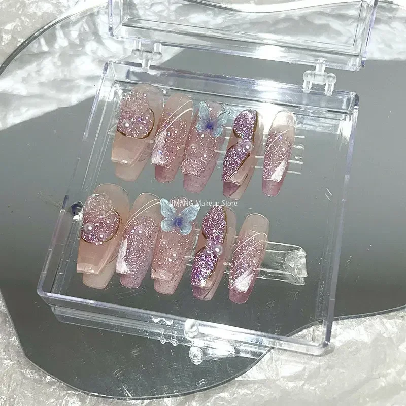 Handmade Flower Butterfly Press On Nails Y2K Short Fake Nail With Glue  Reusable Ballet Long Coffin False Nails Tips Art Gift