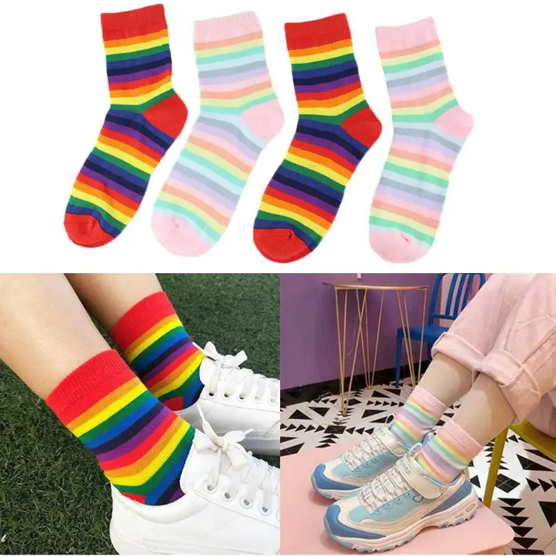 

Japanese Women Girls Long Socks Ice Cream Rainbow Colorful Stripes Harajuku Preppy Student Cotton Hosiery