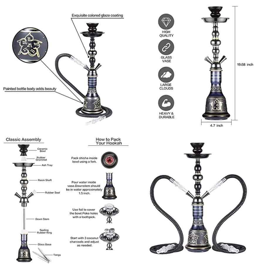 

20 Hookah set - 2 Hose Premium Shisha Hookah Kit with Glass Vase, Ceramic Bowl and Coal Tongs Ashtray for Better Shisha Narguil