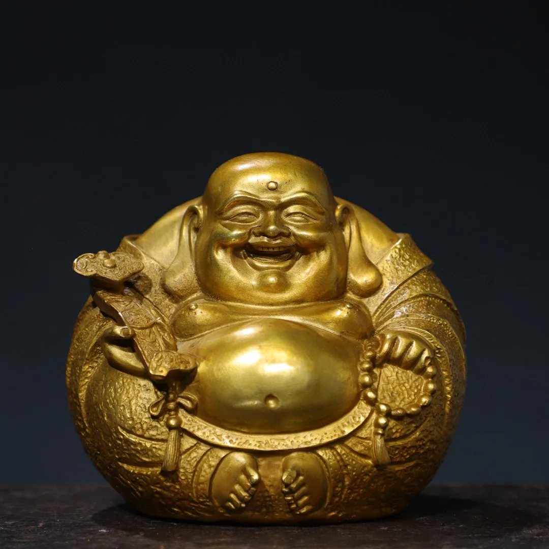 Nepalese Tibetan Brass Gilded Big Belly Maitreya Laughing Bag Yuanbao Buddha Station Statue Small Size ornament 15cm