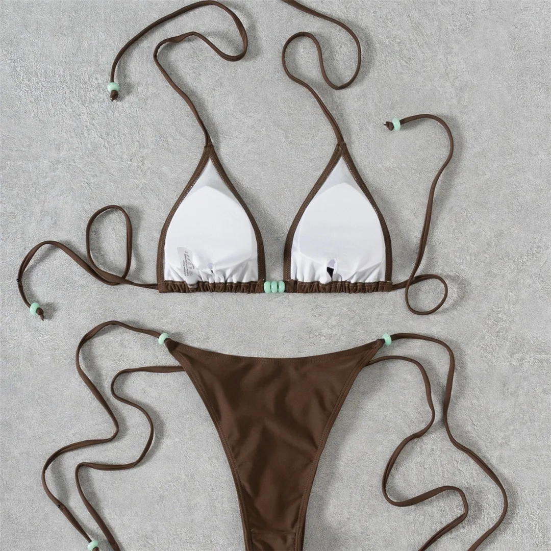 XS - L Neckholder-Bikini mit hohem Beinausschnitt und Riemchen, Damen-Badeanzug, zweiteiliges Bikini-Set, Badebekleidung, Badeanzug, Schwimmbekleidung V7004 – Detail 10