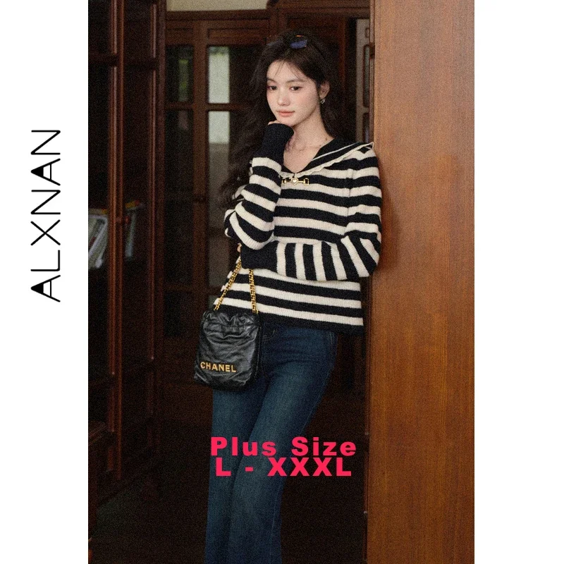 ALXNAN Plus Size Women Striped Pullovers 2026 Fall Winter Lace Patch Sailor Collar Sweater Elegant Versatile Knitted Tops D57909