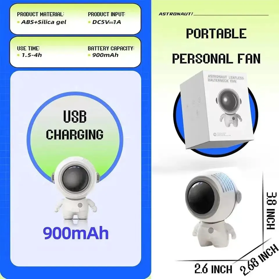 مروحة محمولة رائد فضاء هادئة صغيرة USB قابلة للشحن مروحة صغيرة الرقبة طالب عنبر مكتب مروحة خارجية العرض