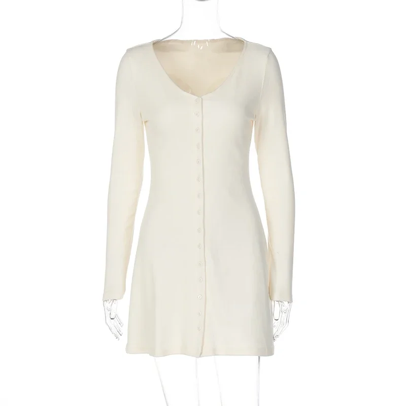 Fmxires Mode Einreiher Mini Kleid Weibliche Solide Langarm V-ausschnitt Kleid Schlank Hohe Taille 2025, Herbst Neue frauen kleid