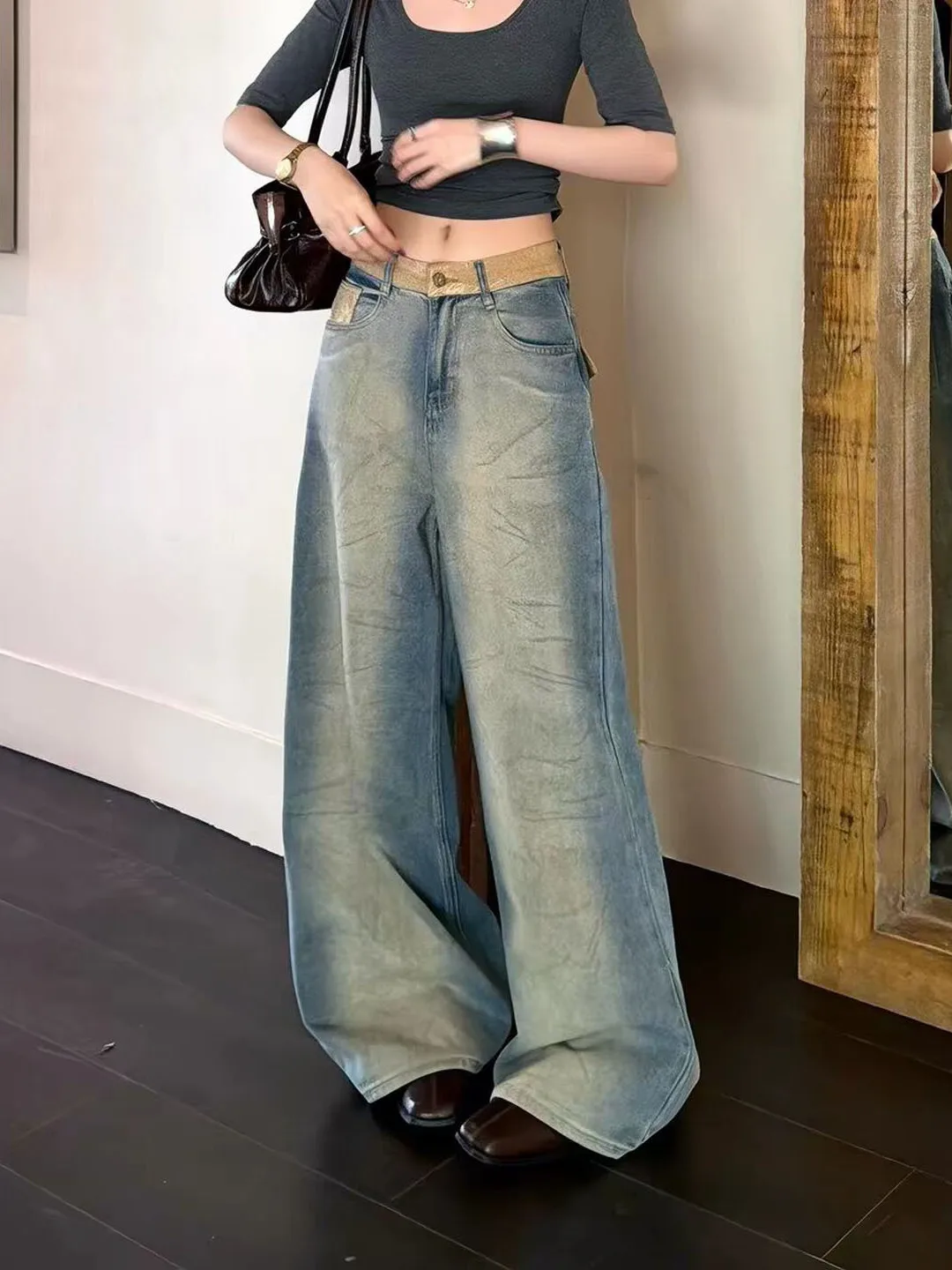 High Waist Wide Leg Denim Jeans Women's Loose Slimming Floor-Length Patchwork Color Block Design Casual Comfortable Jeans