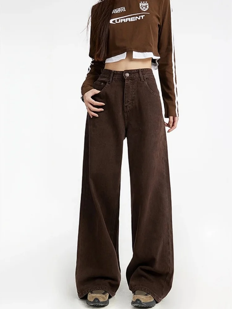 

Brown High Waist Wide Leg Denim Jeans Women's Autumn Winter New American Retro plus Size Floor Length Loose Straight Long Pants