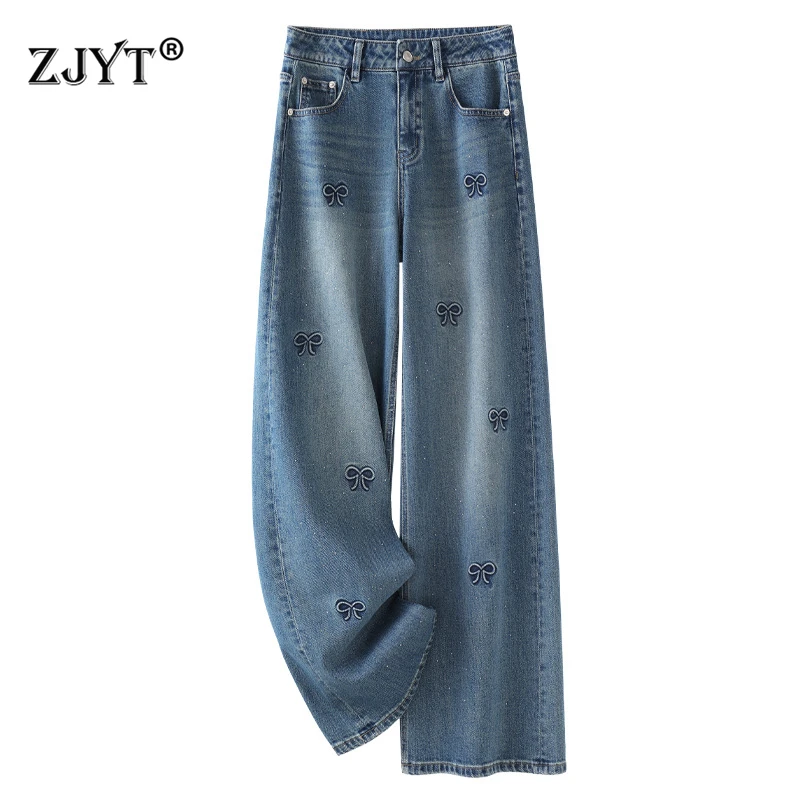 

Женские широкие джинсы ZJYT, весна 2026, уличный стиль, модные синие джинсовые женские брюки, свободные прямые повседневные брюки, низ