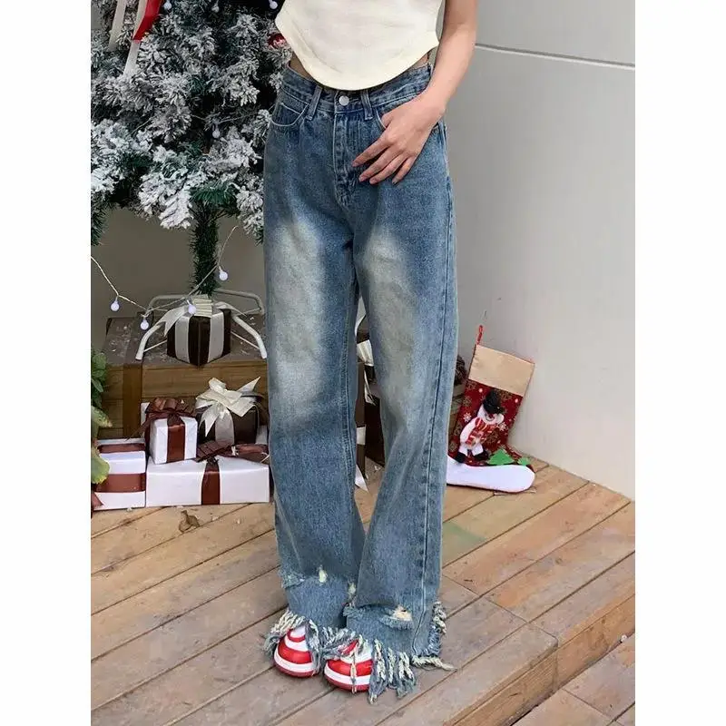 

Woman Denim Street Raw Hem Ripped Jeans 100% Cotton High Waist Straight Loose Figure Flattering Mopping Pants Baggy Jeans Women