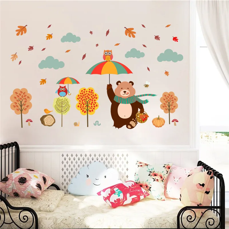 Cute Owl Bear In Umbrella Wall Stickers For Kids Bedroom Decoration Cartoon Safari Mural Art Diy Home Decal Animal Poster