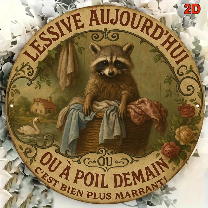 2D Cute Animal French Wooden Round Disc Hanging Wall Art - Retro Laundry Room Funny Raccoon Lover Country Style Home Decor Gift