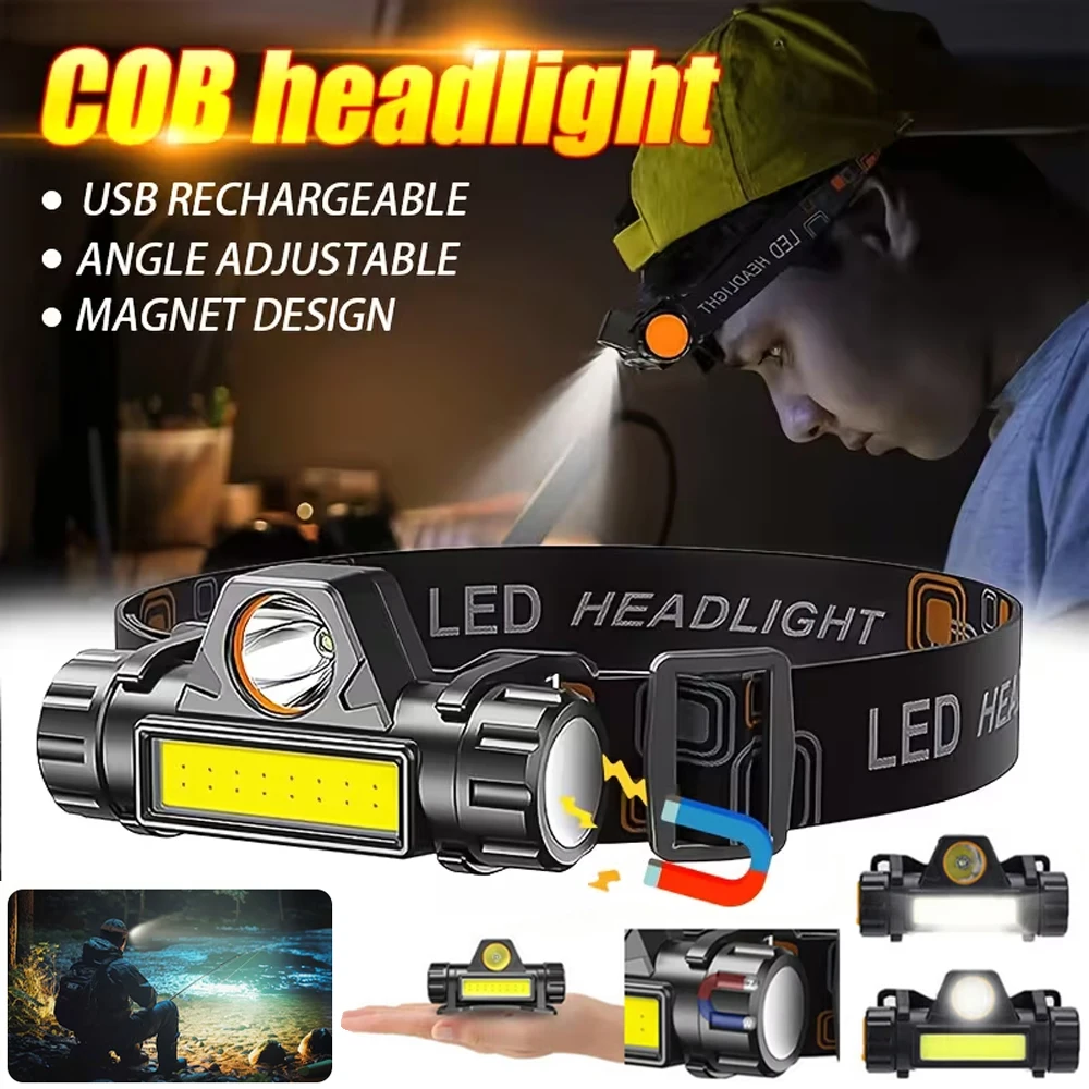 Super Bright LED Headlamp USB Rechargeable Waterproof Flashlight with XPE COB and Tail Magnet Dual Light Sources Working Light