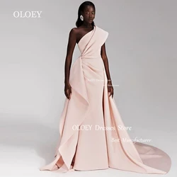 OLOEY One Shoulder Long Straight Prom Dress Light Pink Women Wedding Party Dress Photoshoot Pleats Satin Customized