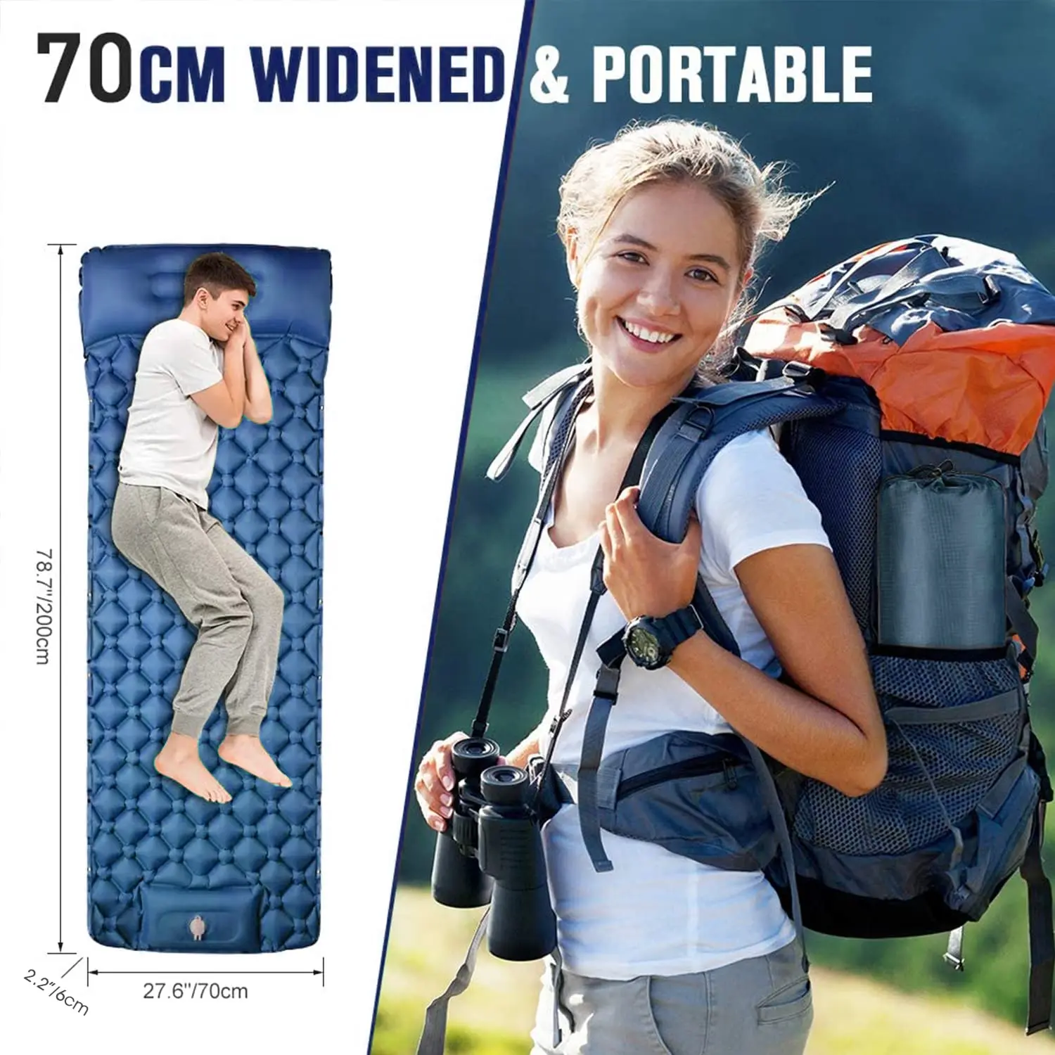 Inflatable Sleeping Mattress with Foot Pump Pillow Strong Support Waterproof Nylon Folding Camping Mat for Car Travel Hiking