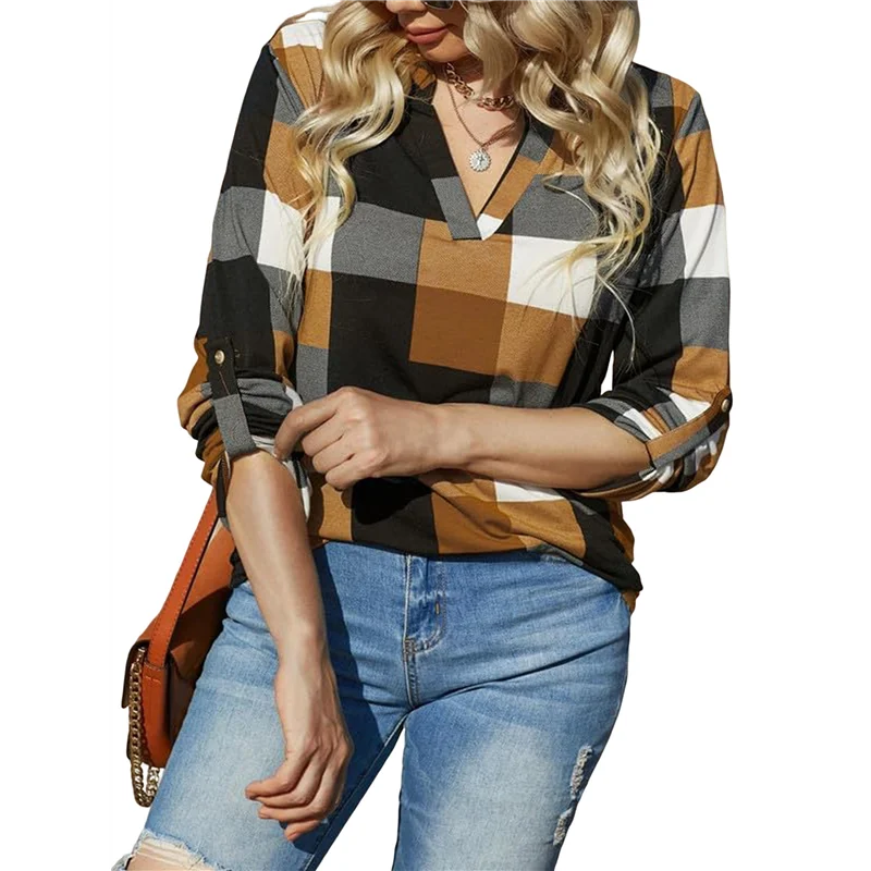 ABP-Camisetas de trabajo de manga larga con puños y estampado a cuadros con cuello en V informal básico para mujer