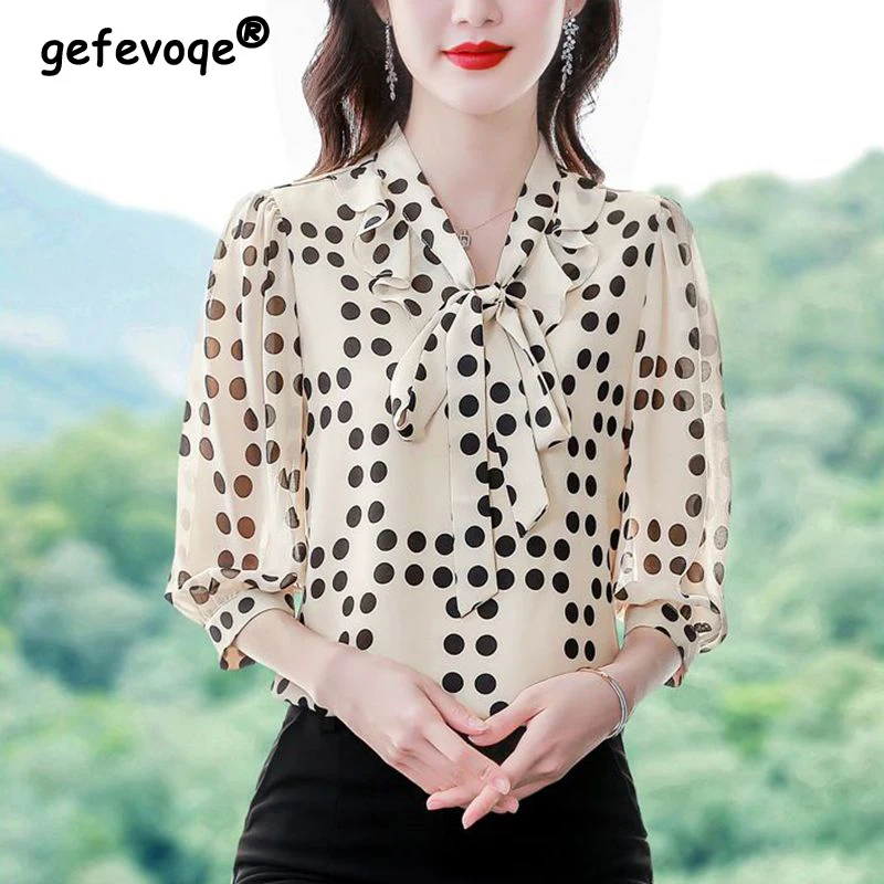 

Women's Clothing Ruffle Lace Up Bow Polka Dot Print Tops Chic Loose Elegant Blouse Summer Fashion V Neck 3/4 Sleeve Shirt Blusas