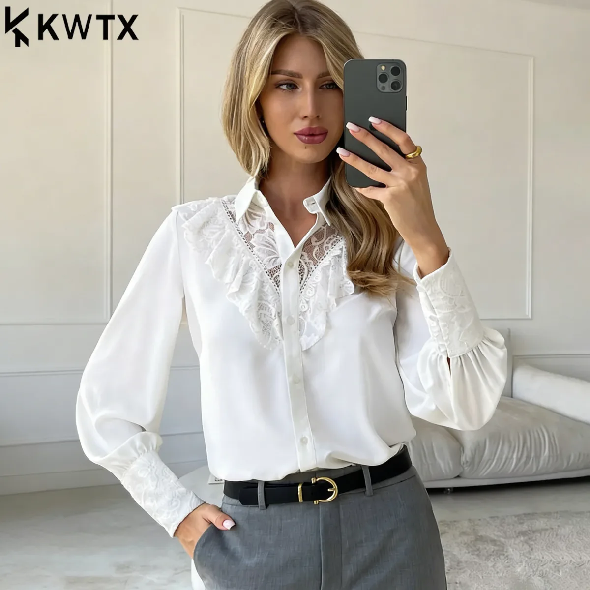 

Блузка KWTX 2026 черная с кружевными вставками и бантом, женская, с пышными рукавами, новинка зимы, элегантная, для офиса, вечеринок, повседневная, с длинными рукавами