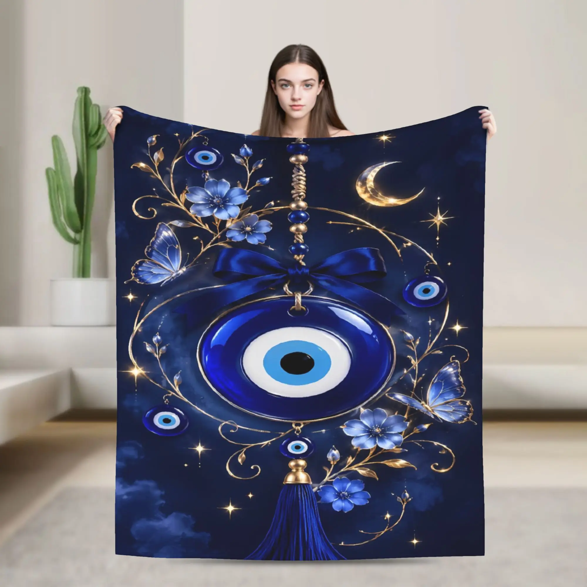 Evil Eye Blue Mandala Print Flannel Blankets  Super Warm Throw Blanket for Couch Bed Street Trend Bedspread Sofa Bed Cover