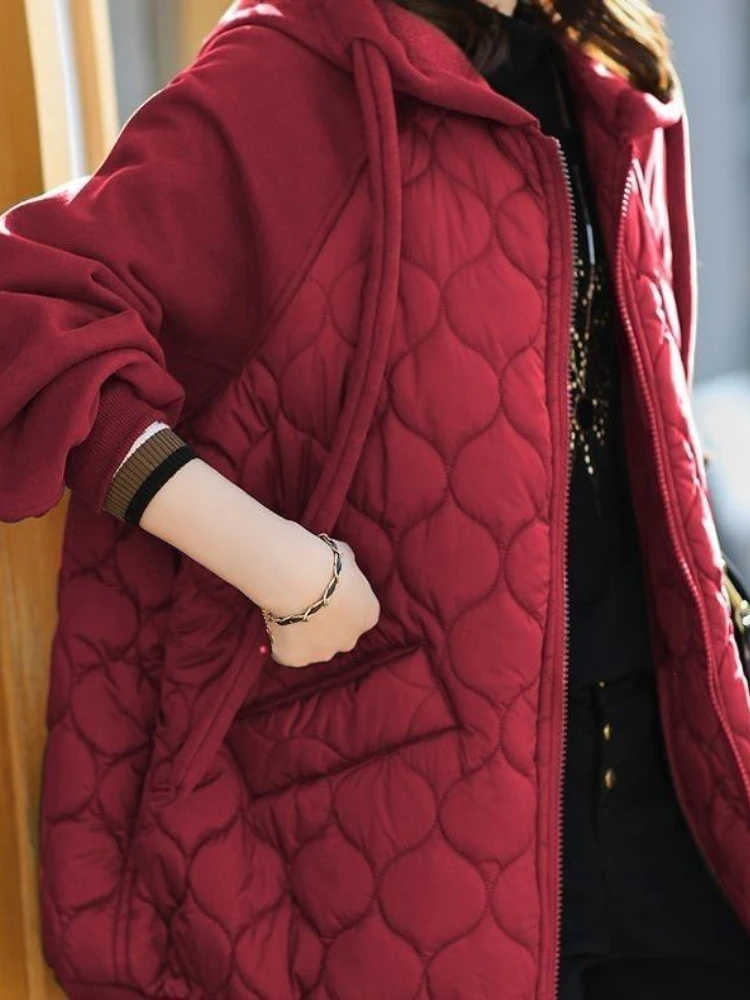 Autumn Korean New Hooded Spliced Down Cotton Coat Thick Warm Puffer Jacket Female Loose Cotton Padded Overcoat Quilted Parka