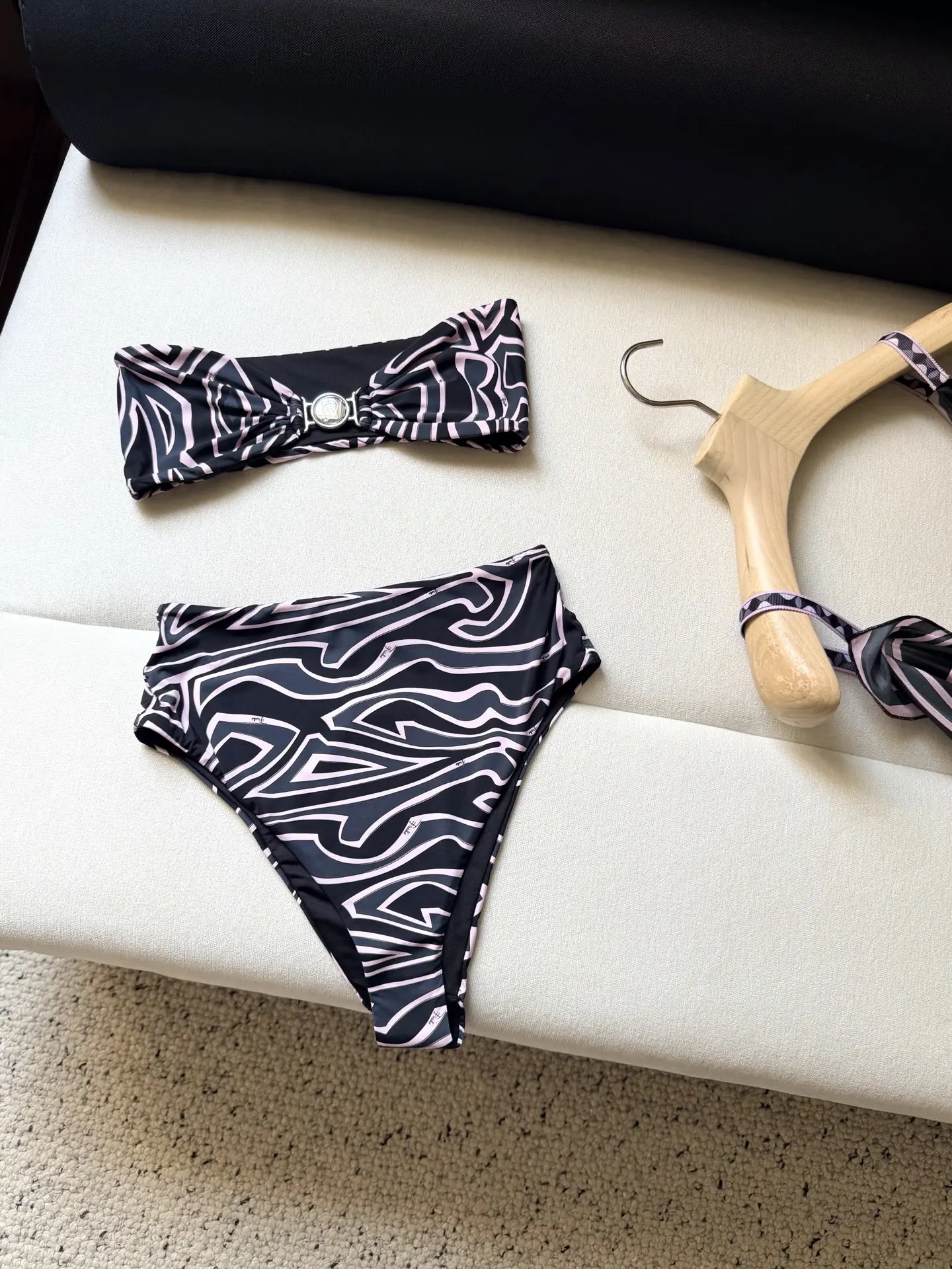 Women's Swimwear: Black Rippled High-Waisted Bottoms—Slimming and Pushing-Up, Beach Vacation Bikini