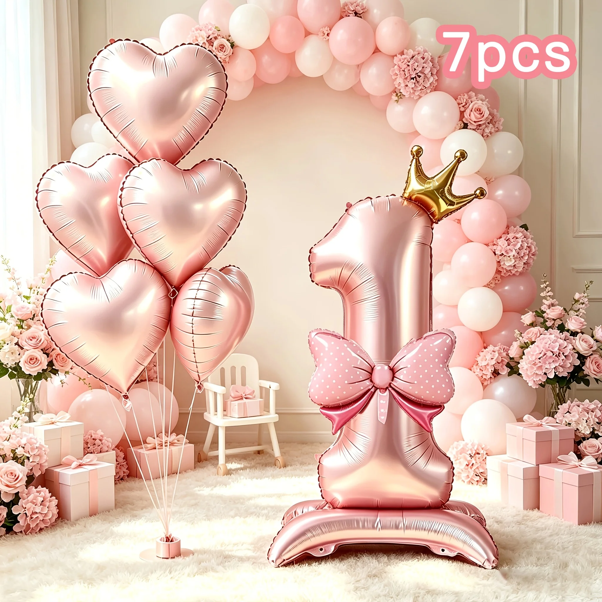 7Pcs--Giant 40inch Pink Standing Number Balloons + Bow + Pink Heart Balloon Birthday Party Balloons, Perfect for Birthday Celebrations. Very Suitable for Holiday Party Decorations, Birthday Party Decorations, Decorative Props, Anniversary Background Decorations, and Photo Props.
