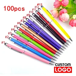 100 Pennen Van Elke Verpakking Mini Metalen 2-In-1 Stylus Universele Balpen Tekst Graveren Custom Logo kantoor School Reclame Pen