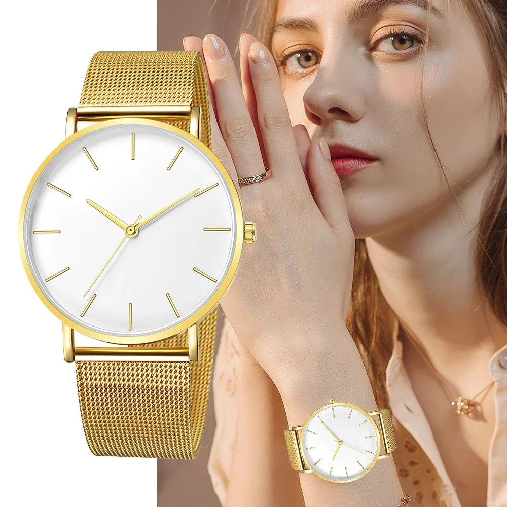 

New Fashion Women's Watches Men 2023 Simple Gold Alloy Mesh Belt Dresses Ladies Wristwatch Casual Female Clock Zegarek Damski